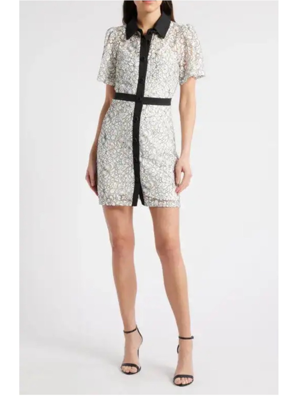 Sam Edelman White Black Floral Lace Mini Shirtdress Contrast Trim Preppy Size 6
